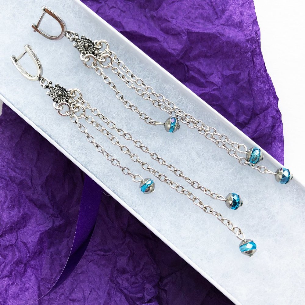 Extra long unusual dangle earrings, waterfall earrings silver tone